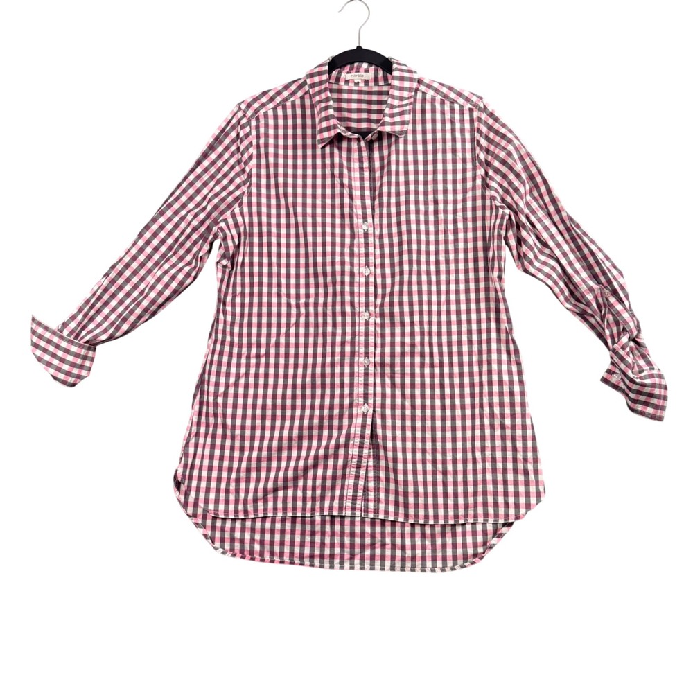 Tyler Boe Gingham Button Down Shirt Women L Pink Black Plaid Cotton Dragonfly